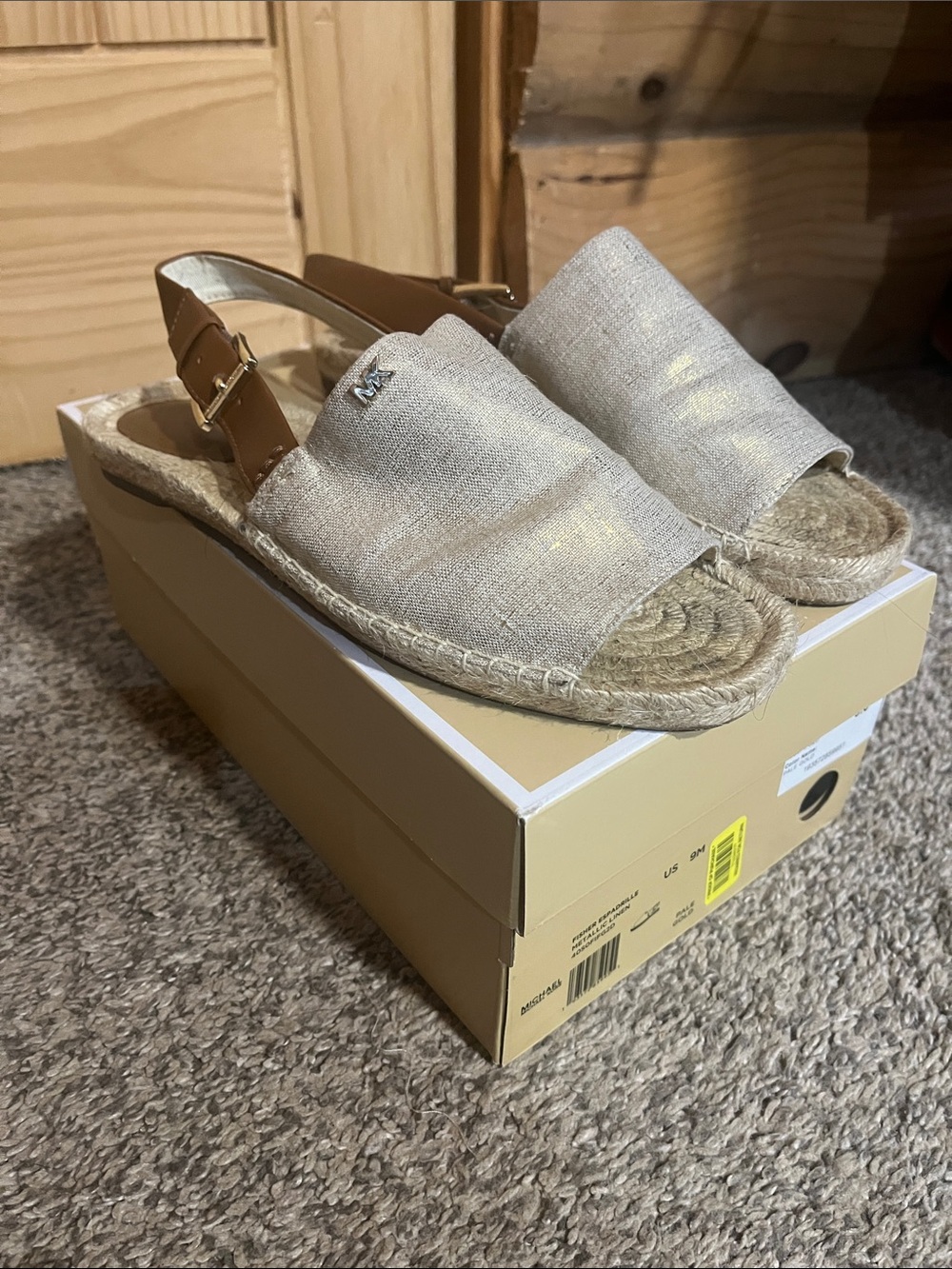 Michael Kors Beige Metallic Linen Fisher Espadrille Slingback Sandals Pale Gold
